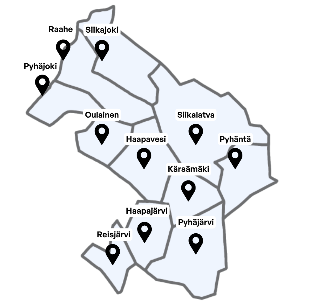 Raahen työllisyysalueen kartta, jossa on lueteltu kaikki kunnat. Kunnat löytyvät myös tekstistä.