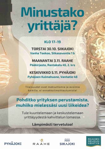 Minustako yrittäjä? -tilaisuuksien markkinointikuvassa hehkulamppuja ja tapahtuma-ajat sekä alla järjestäjien logot.