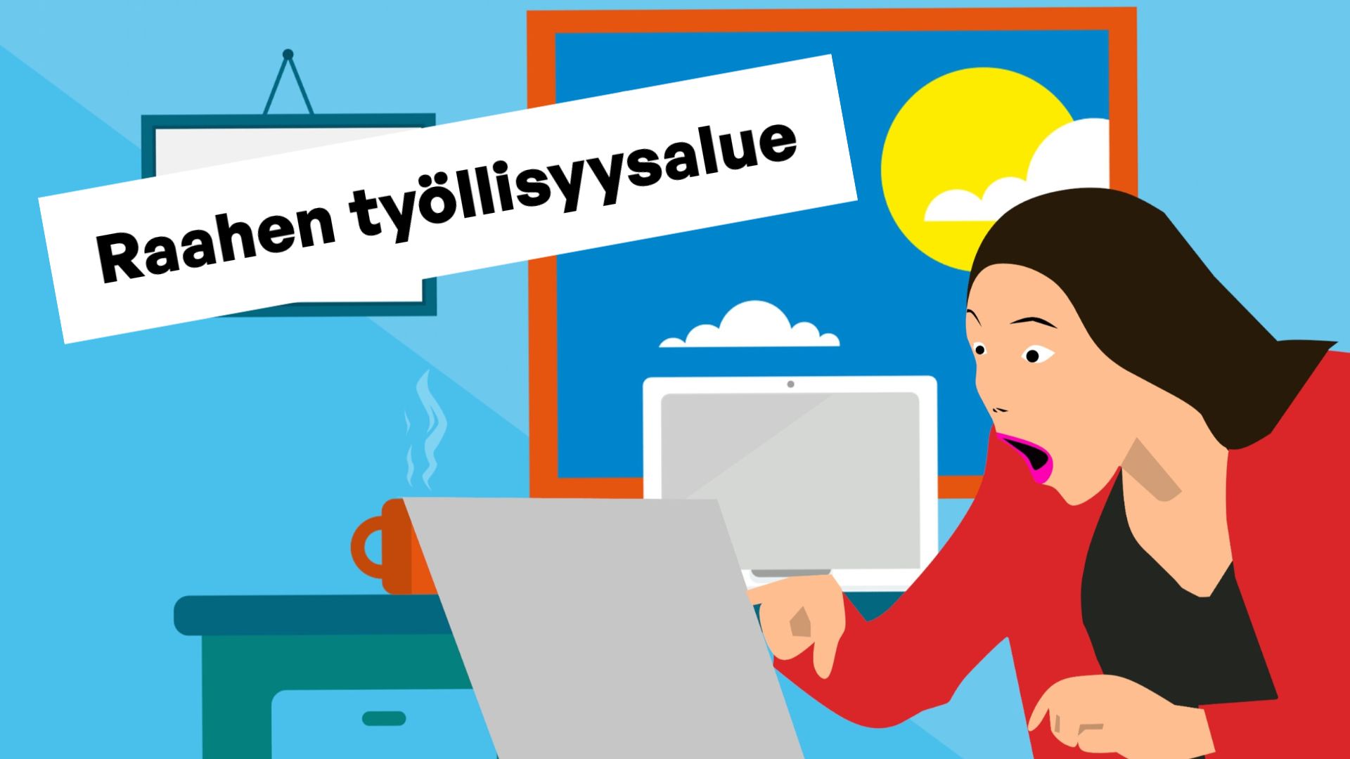 Graafisesti kuvitettu naishenkilö osoittaa kannettavan tietokoneen näyttöä suu auki. Yläpuolella Raahen työllisyysalueen logo.