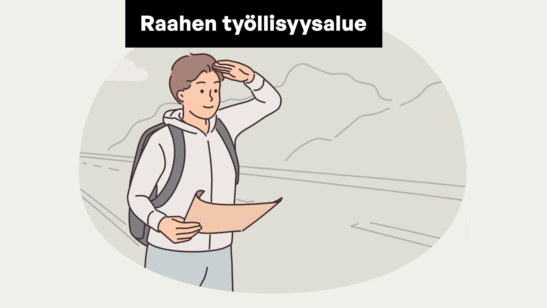 Piirretty henkilöhahmo tähystää kartta kädessä ja reppu selässä. Yllä Raahen työllisyysalueen logo.