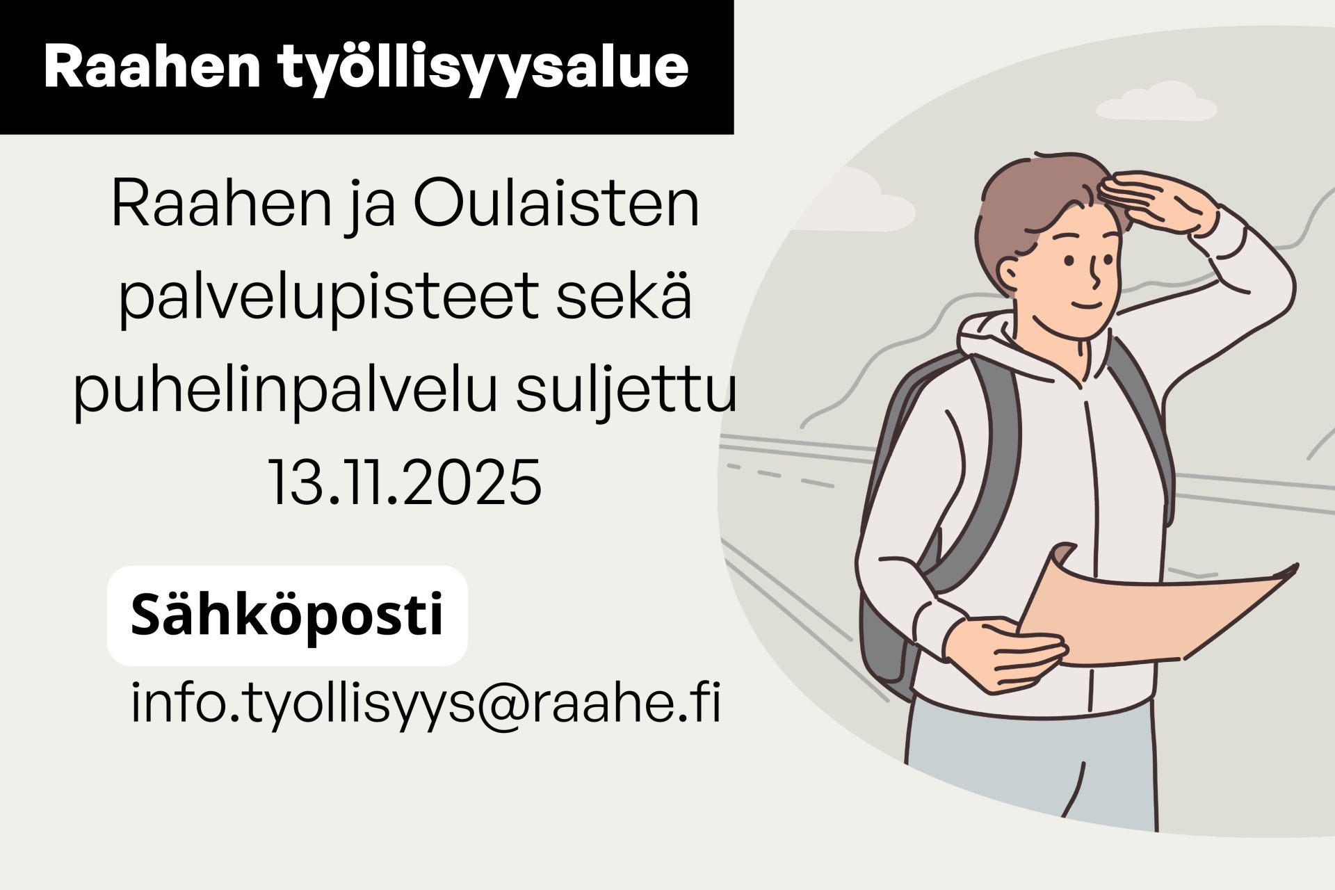 Piirretty henkilö tähystää kartta kädessä. Ylävasemmalla Raahen työllisyysalueen logo.