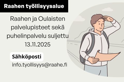 Piirretty henkilö tähystää kartta kädessä. Ylävasemmalla Raahen työllisyysalueen logo.