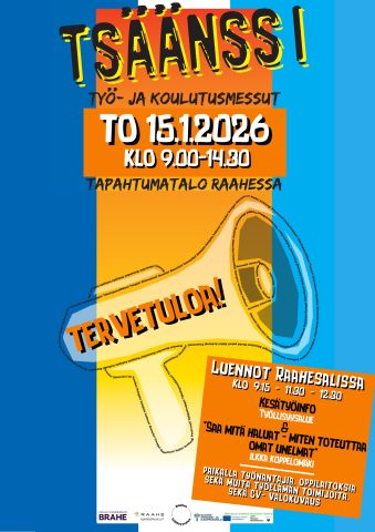 Tapahtuman nimi, aika ja paikka. Megafoni oranssilla ja sinisellä taustalla.