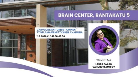 Tapahtuman paikka, nimi, aika ja luennoitsija Laura Paaso. Taustalla Brain Centerin sisäänkäynti.
