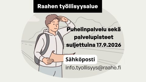 Graafinen hahmo tähystää kartta kädessä ja reppu selässä. Poikkeusaukiolon päivämäärä ja sähköpostiosoite.