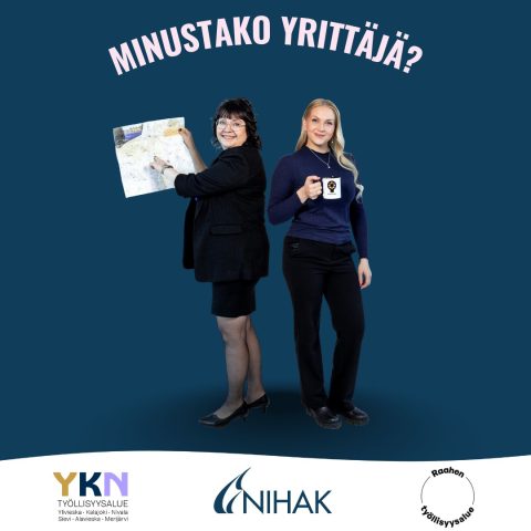 Kaksi naishenkilöä, joista toinen näyttää kartalta Minustako yrittäjä? -tilaisuuden paikkaa, ja toisella kädessä kahvimuki. Alla järjestäjien logot.